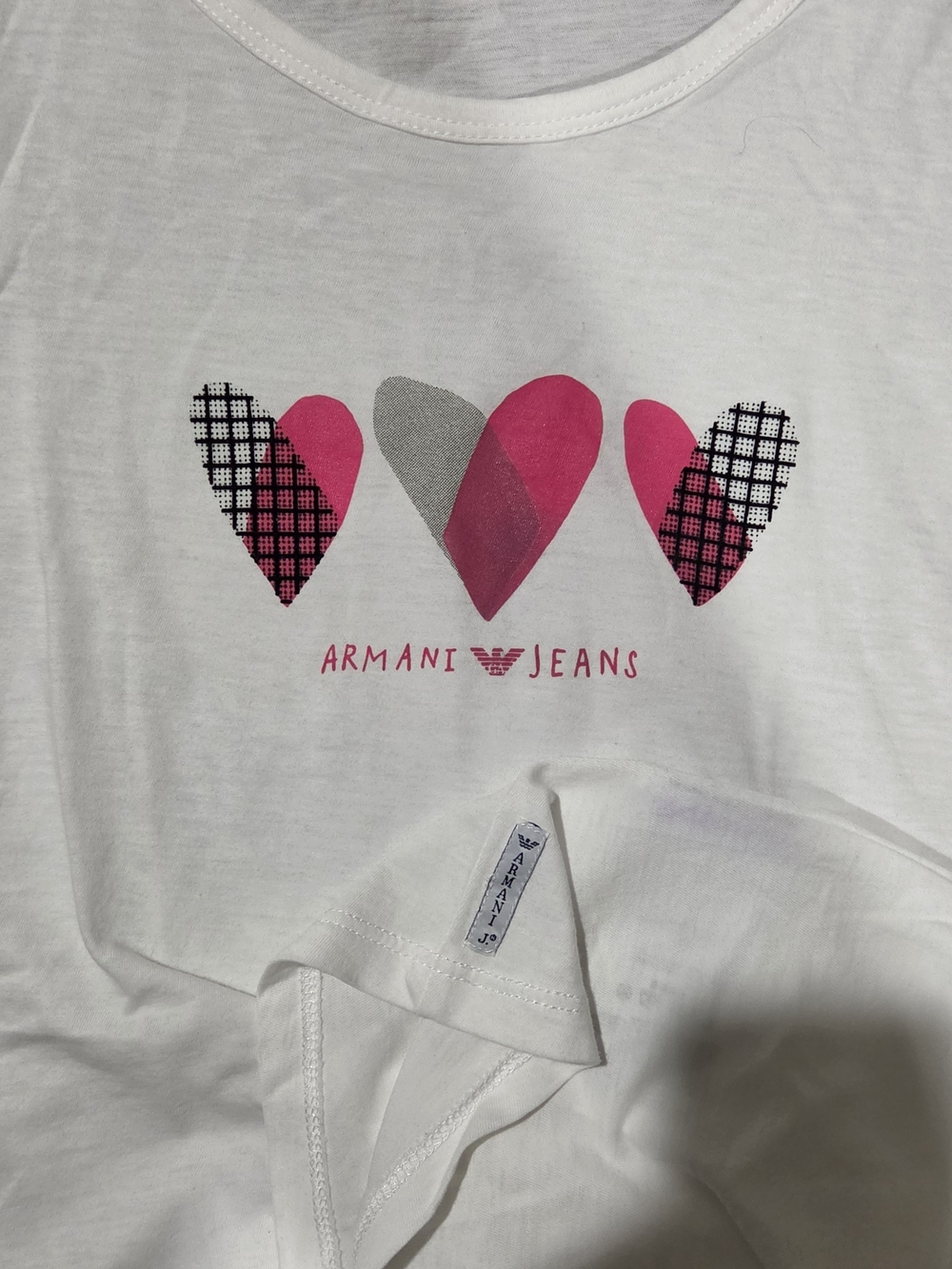 Armani Jeans White Graphic Tee with Pink Hearts